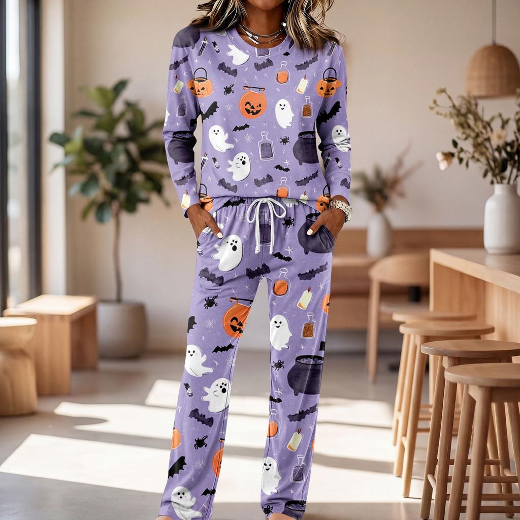 Women's Round Neck Long Sleeve Drawstring Wide Leg Pajama Set for Casual Loungewear