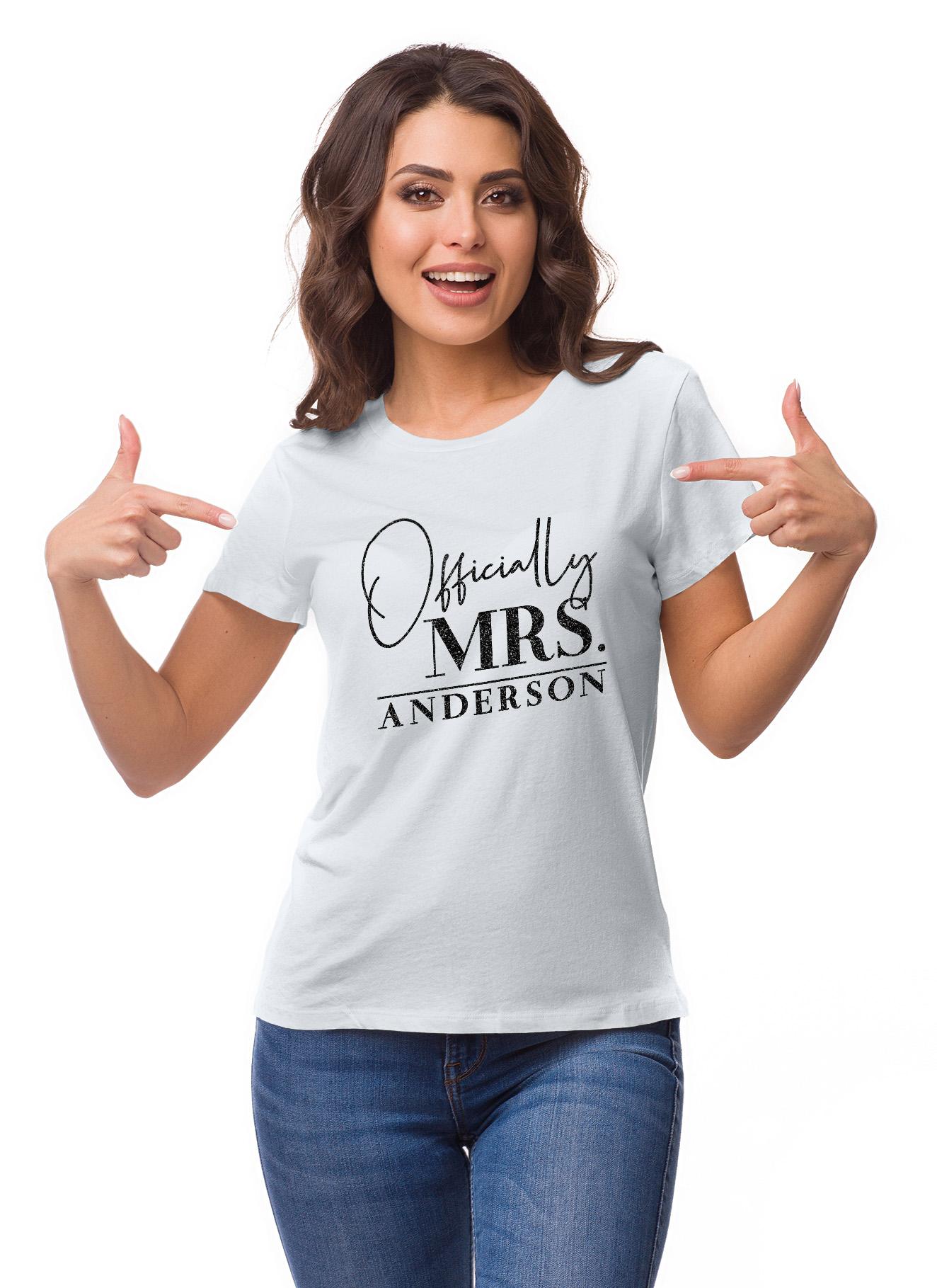 

Inkdotpot Personalized Womens Tshirt Top Officially Mrs Wedding Announcement XS білий