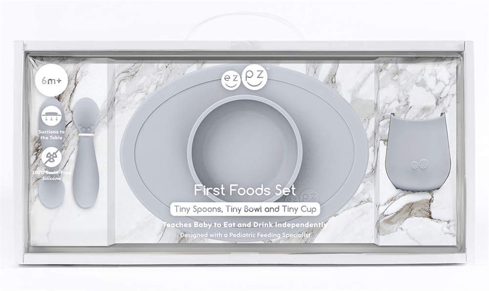 ezpz Fast Food Baby Baby Silicone Mat (Easy Peezy) Set, Food, Non-Slip Tableware, Dishes, (Light Gray)
