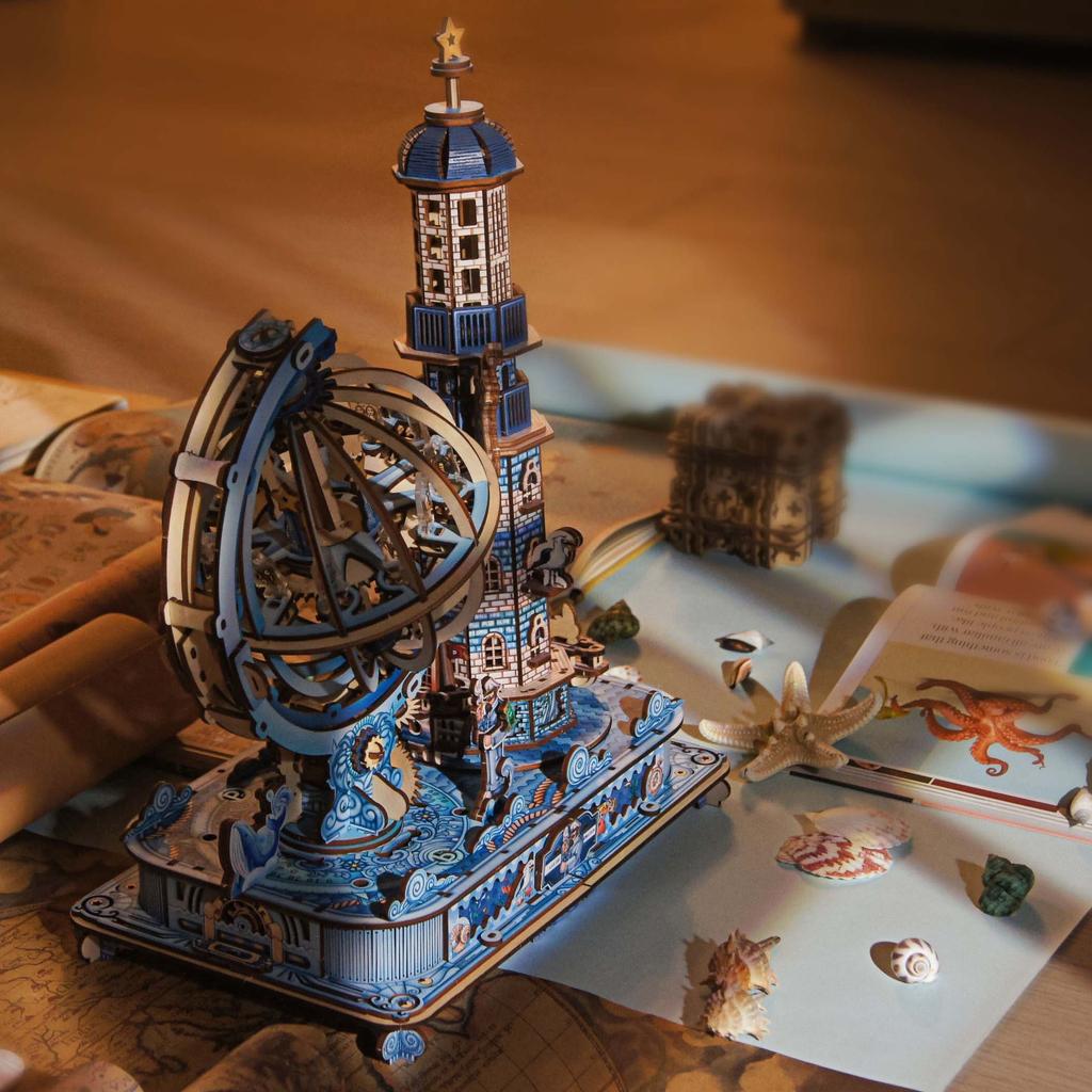 DIY 3D Holzpuzzle Leuchtturm Globus Spieluhr Miniaturmodellbausätze Puzzles für Geburtstagsgeschenke für Freunde
