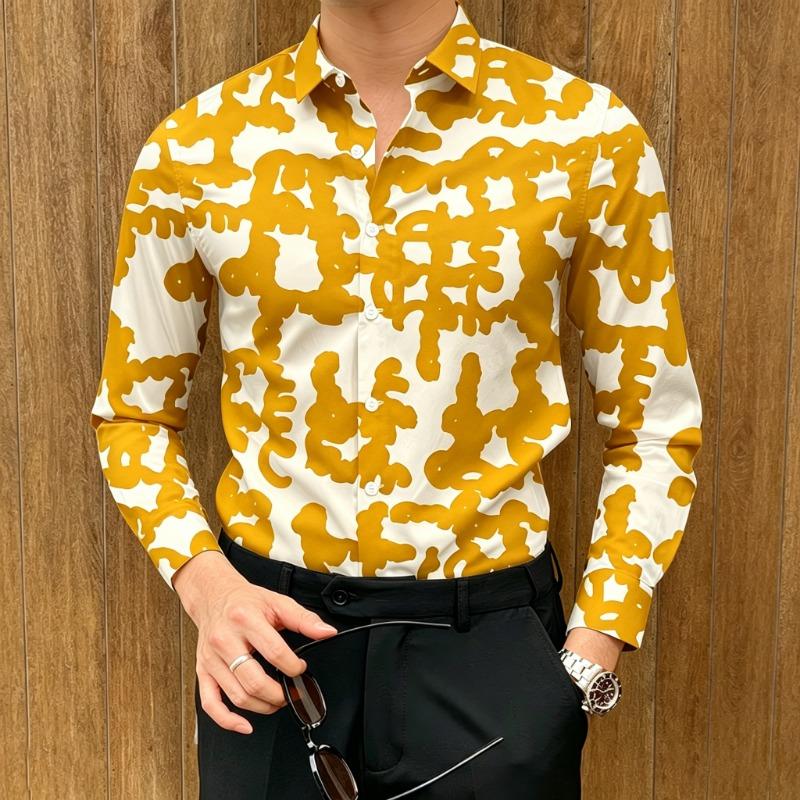 Men's Abstract Graffiti Print Long-Sleeve Shirt, Smooth Drape, Trendy Lapel Shirt, High-Street Luxury Versatile Men's Top