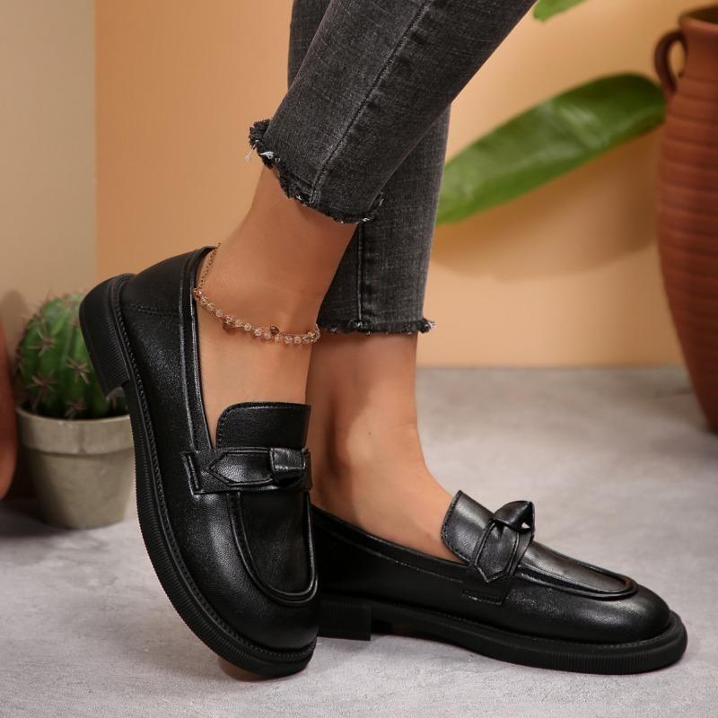 New Spring Autumn Soft Soled Single Shoes Women with Bow Square Heel Large Size, Le Fu Shoes, Small Leather Shoes for Women