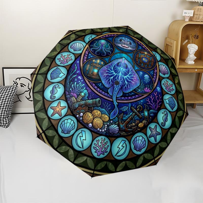 Oceanic Mystery Symbols pattern umbrella, portable and foldable design, 8 ribs, a casual accessory for Halloween, Christmas, and birthday gifts.