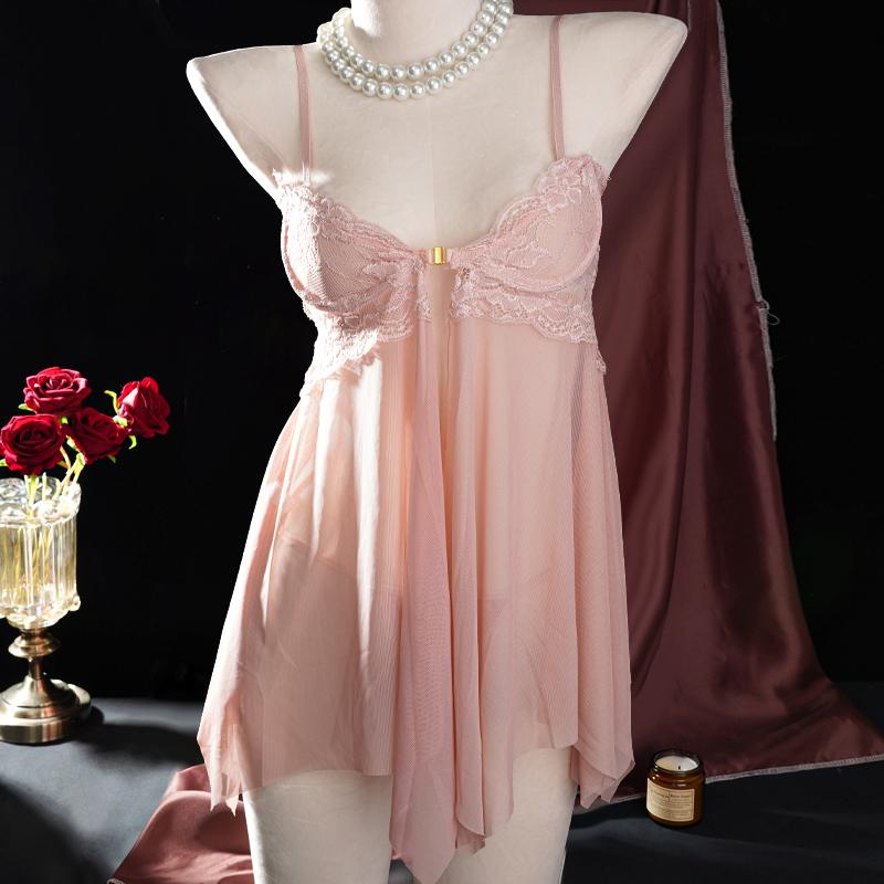 Women's Nightdress Sleepwear Lace with Panties Front Buttoned Steel Ring Mesh See-through Pajamas