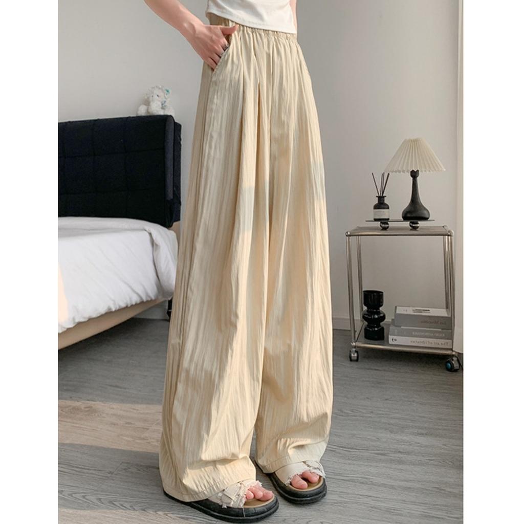 Women's High Waist Wide Leg Straight Long Ice Silk Loose Fit Casual Pants Trousers