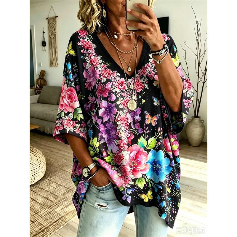 Plus-Size Women's V-Neck Batwing Sleeve T-Shirt Bohemian Ethnic Print Loose Top Summer Comfortable Breathable Daily Commute Casual Slimming Style