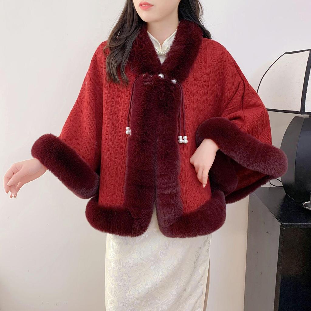 Small Cape Shawl Jacket Women'S Short Printed Velvet Thickened Rex Rabbit Hair Collar Sleeveless Cheongsam Wedding Dress
