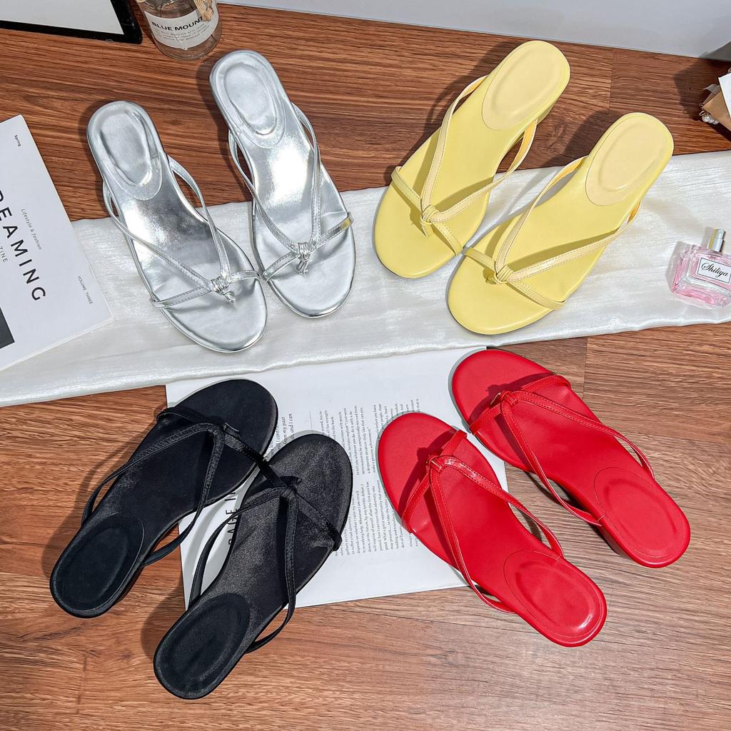Yuanlitong fairy wind French 6cm heel drag~ thin strap toe thick bottom flip-flop slippers female sandals outside wear summer