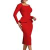 Women Business Dress Square Neck Long Sleeve Pure Color Ruffle Patchwork Slim Fit Sheath OL Commuting Formal Midi Dress