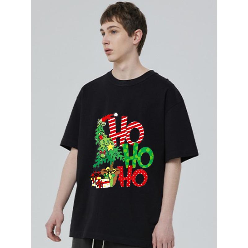 Christmas T-Shirt Black Ho Ho Ho Christmas Tree and Gifts Print Holiday Party Wear