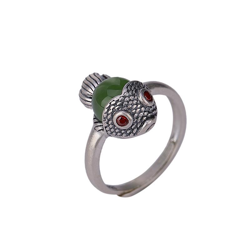 S925 Sterling Silver Hetian Jade "Year After Year" Fish Design Women's Emerald Ring