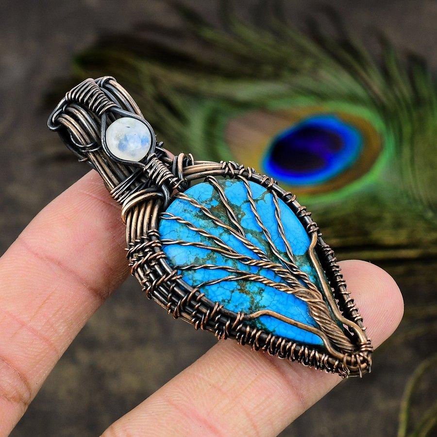 Tibetan Turquoise Handmade Copper Wire Wrap Jewelry Pendant 3.07" j1y92