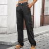 Women's Elastic Waist Straight Leg Long Denim Cargo Pants Street Style Washed Denim Cargo Trousers