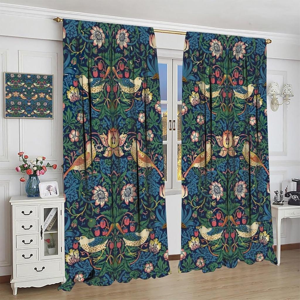 Cortinas Vintage de Quinta William Morris Florais Rústicos Pássaro Morango Estampadas Tratamentos de Janela Sala de Estar Quarto Escurecimento Feito de Poliéster Decoração