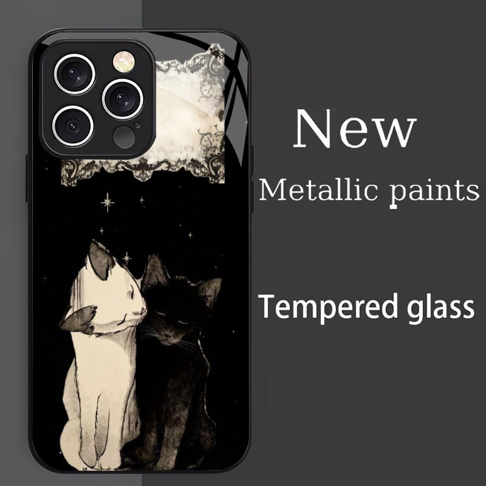 Minimalist Black & White Cat mobile phones Glass phone case for iphone 17 pro max cover for iPhone 17 16 15 14 13 12 pm Pro Plus