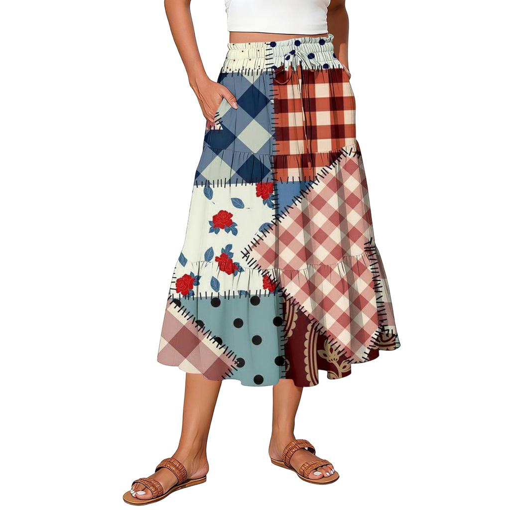 Falda casual de mujer con estampado de cuadros y cintura elástica con cordón