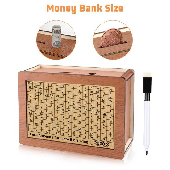 Wooden Money Box with Counter Marker Pen Target Number Sticker Vintage Piggy