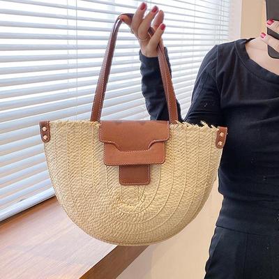 Borsa a tracolla portatile da spiaggia intrecciata a mano in paglia retrò semicircolare da donna