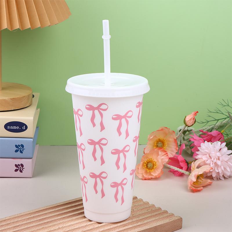 1Pc 710Ml Kawaii Bow Reusable Party Cups With Straw Lid Coffee Juice Tea Cute Tumbler With Straw Plastic Cups Summer Gifts