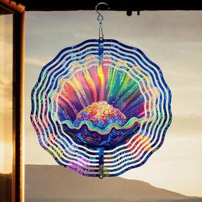 Durable Metal Wind Chime with 2D Rotating Seashell Design Colorful Reflective Outdoor Decor for Garden Patio Yard