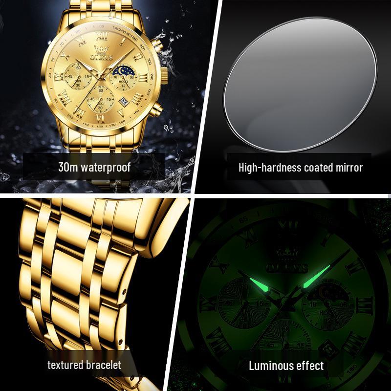 Wielofunkcyjny zegarek męski Oulishi: Luminous Calendar, Waterproof, Steel Band, Three-Eye, Six-Hand.
