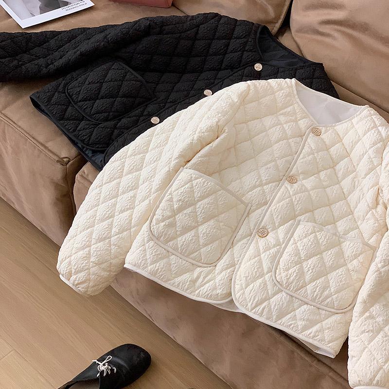 Women's Autumn Winter O Neck Long Sleeve Button Big Pocket Short Warm Parka Chic Jacket