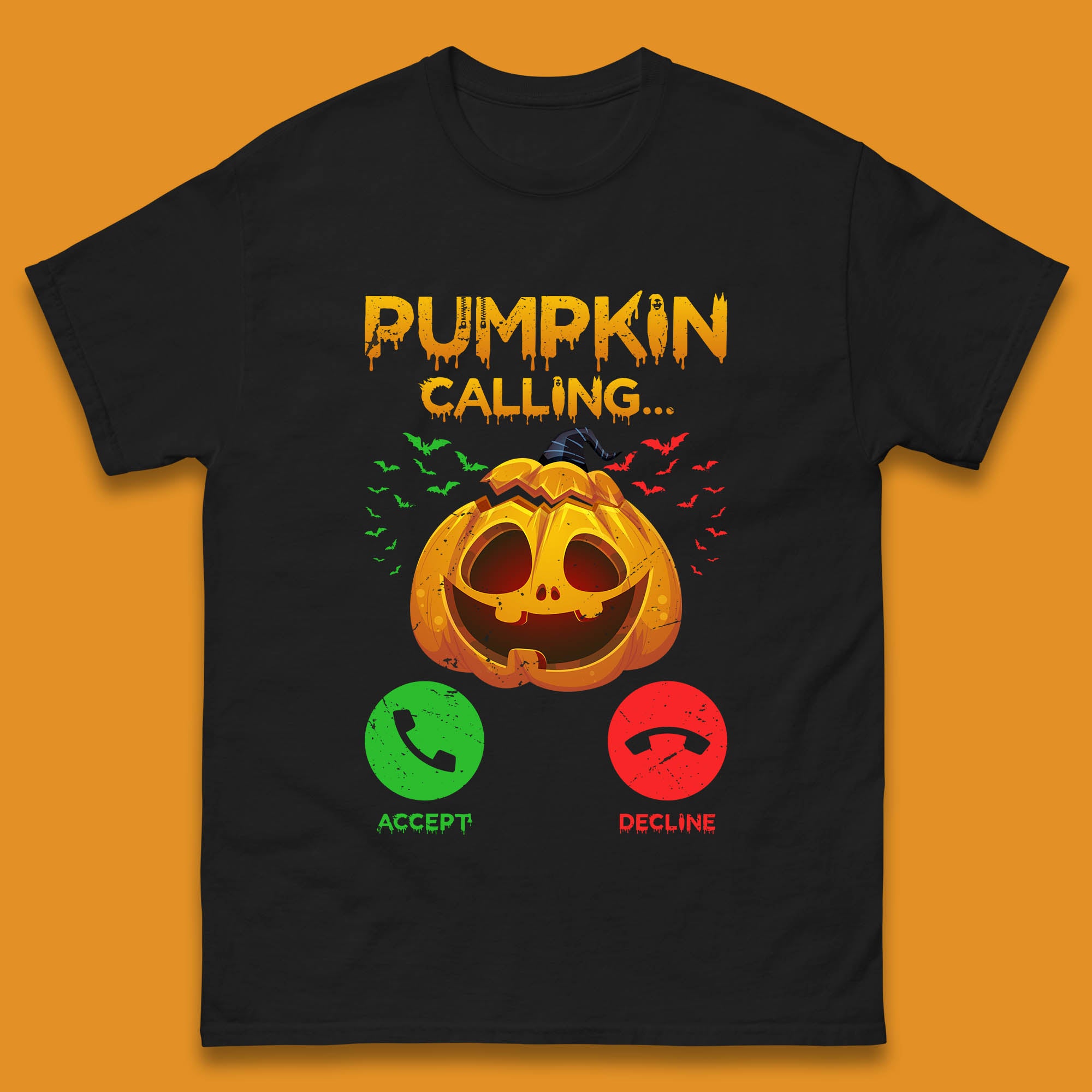 

Halloween Pumpkin Calling Funny Phone Call Horror Scary Jack O Lantern Mens Tee Top 3XL