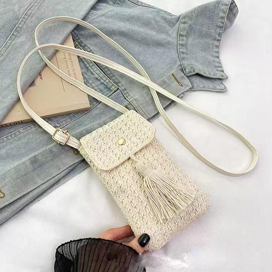 Straw Beach Bag Women Holiday Mobile Phe Shouder Bag Summer Tassel Mini Crossbody Bag for Lady Gril Travel Bohemian Style Sac