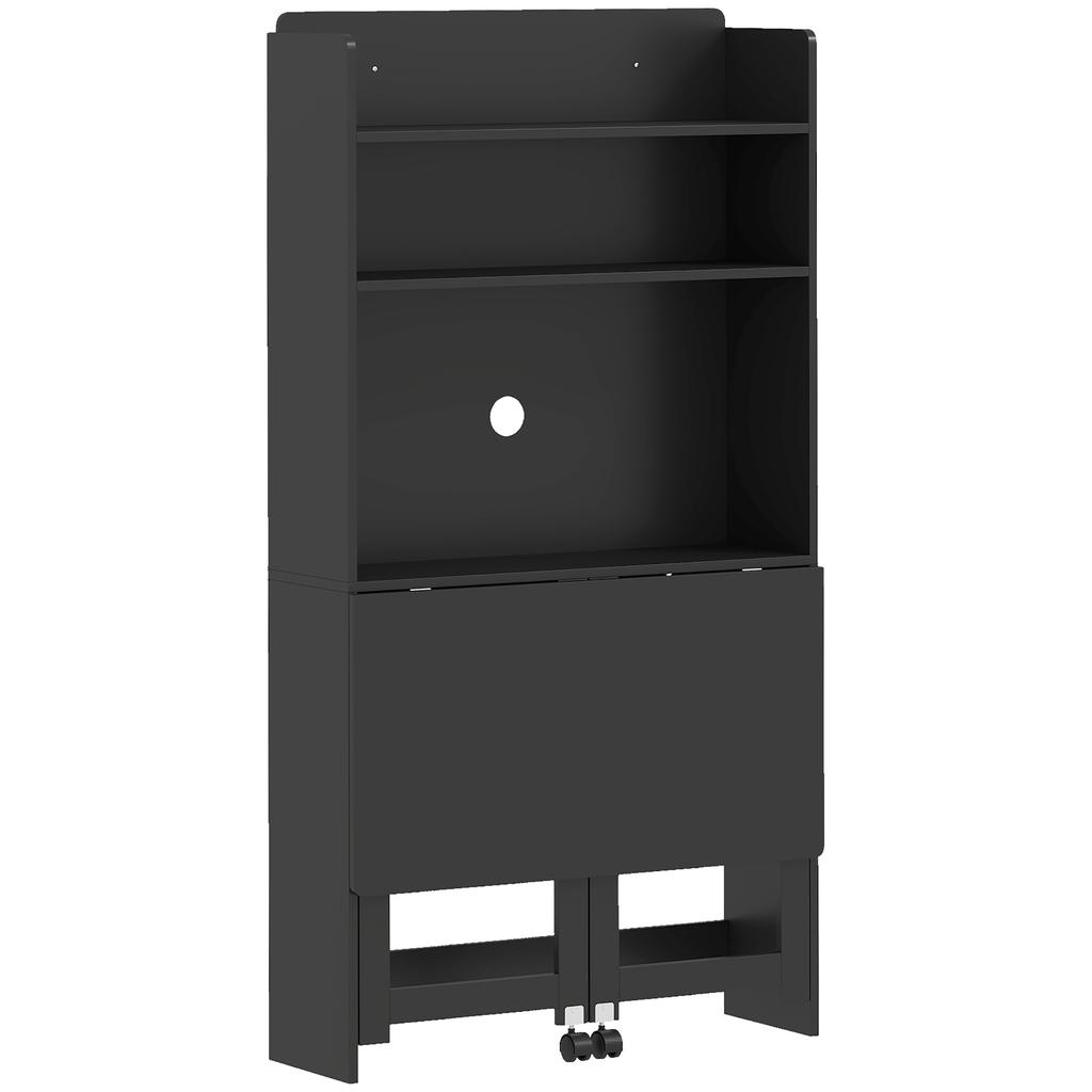 Computer Desk with Storage Shelves, Folding Top, 2 Casters, 80 x 69 x 155 cm, Black