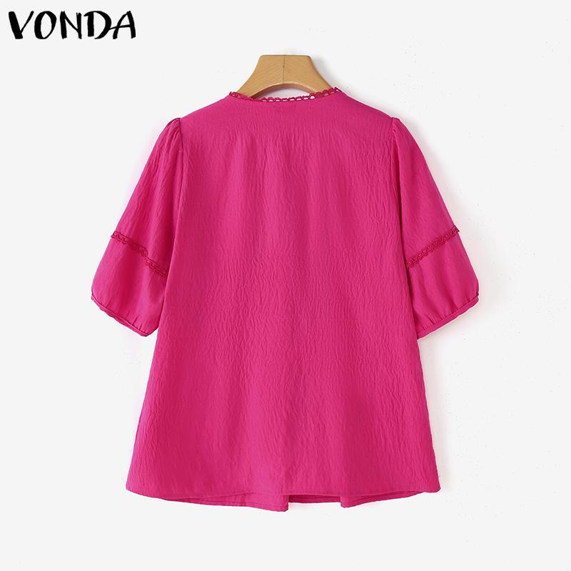 VONDA Women Summer Bow Kont Round Neck Lace Crochet Patchwork Casual Ruffled Blouse