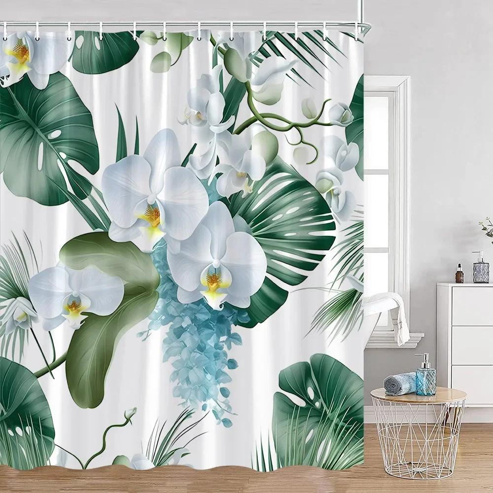 Tropical Leaves Shower Curtain Green Leaf Palm Flower Flower Bathroom Curtain Green Plant Bathroom Decoration with Hook