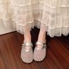 Women's Mesh Sandals Summer Flat Bottom Silver Buckle Round Head Slip-On Mary Jane Single Shoes Breathable Comfort Casual Shoes