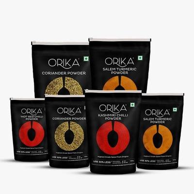 ORIKA Salem Kurkumapulver, Korianderpulver, Kaschmir-Chilipulver, scharfes rotes Chilipulver (Packung mit 6 Stück, je 100 g)