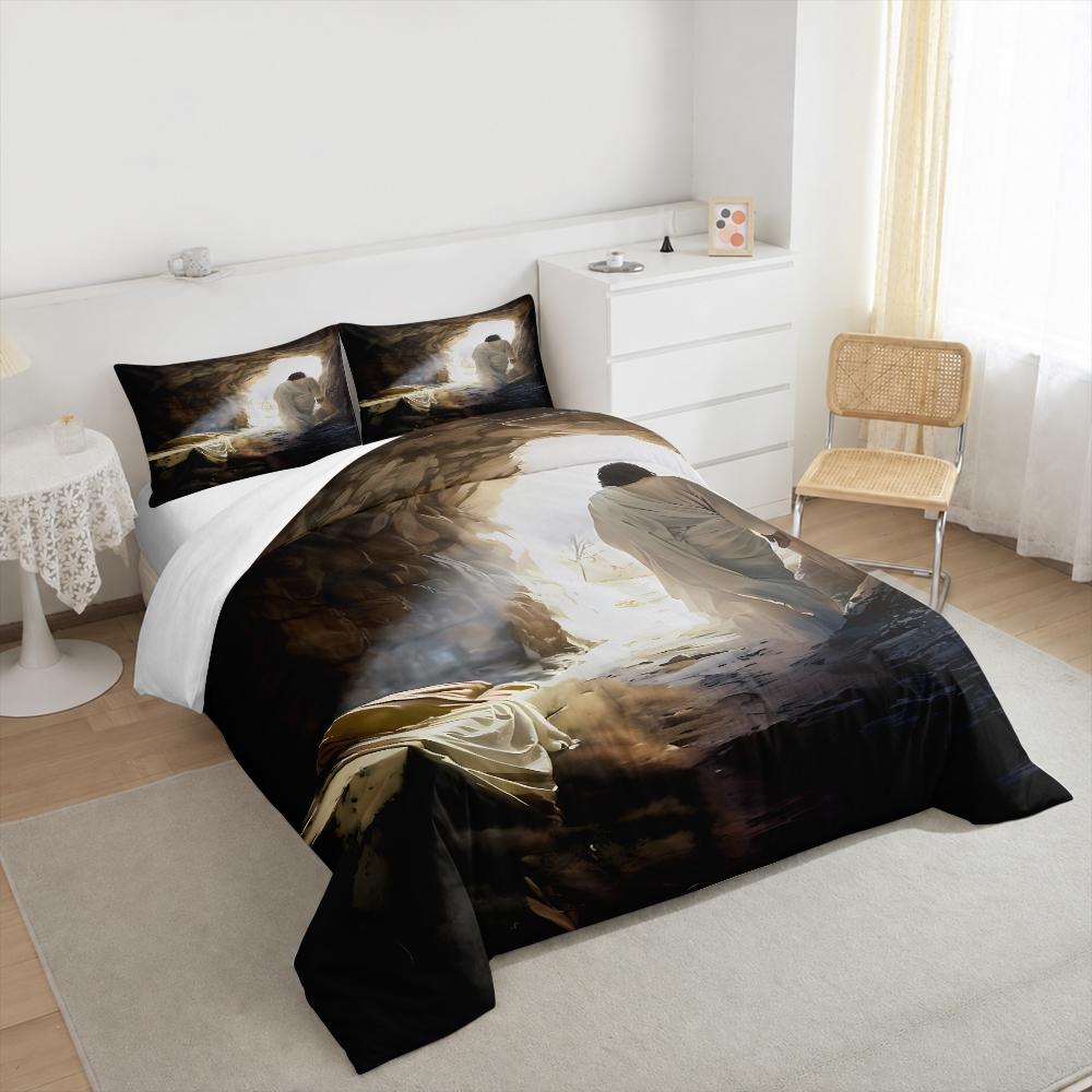 Jesus Leaving Empty Tomb Bedding set (1 duvet cover, 2 pillowcases, duvet not included), Linen Cloth Religious Christian Faith Art Print