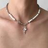 Hip-hop Punk Shiny Zircon Starlight Stainless Steel Cross Pendant Imitation Pearl Beaded Splicing Necklace for Women Men Jewelry