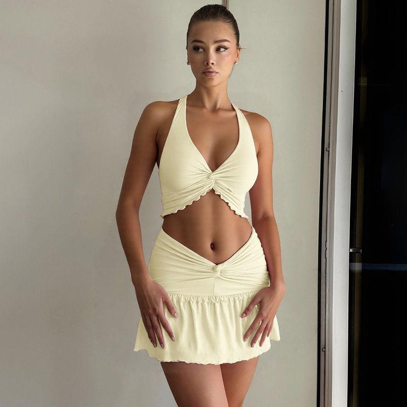 

Shemoda Vacation Style Fashion Suit Women s Cross Lace V Neck Halter Backless Tops High Waist Slim Skirt