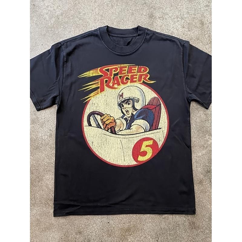 Unisex T-Shirt Featuring A Retro Graphic Of Speed Racer, Suitable For Outdoor Leisure And Breathable For All Seasons