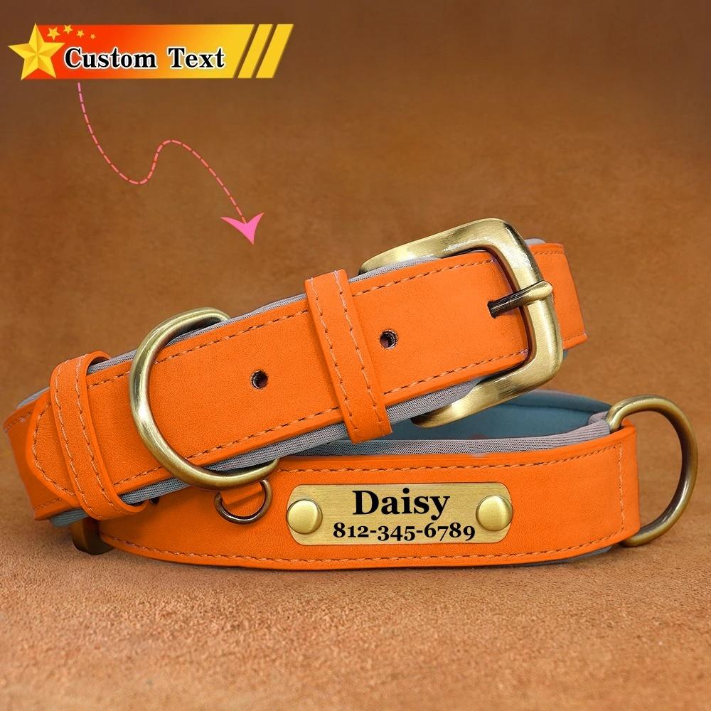 Customized ID Nameplate Dog Collar PU Leather Soft Padded Dog Collars Free Engraving Name for Small Medium Large Dogs Adjustable