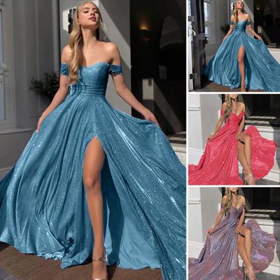 Kadın Abiye Kapalı Omuz Bandeau Backless Kolsuz Backless Parlak Payet Bölünmüş Hem A-line Büyük Salıncak