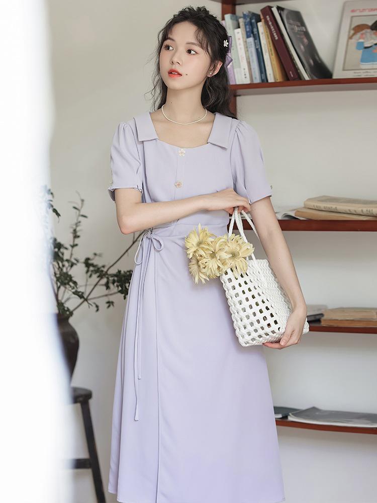 French Style Women's Summer Slimming Square Neck Long Dress