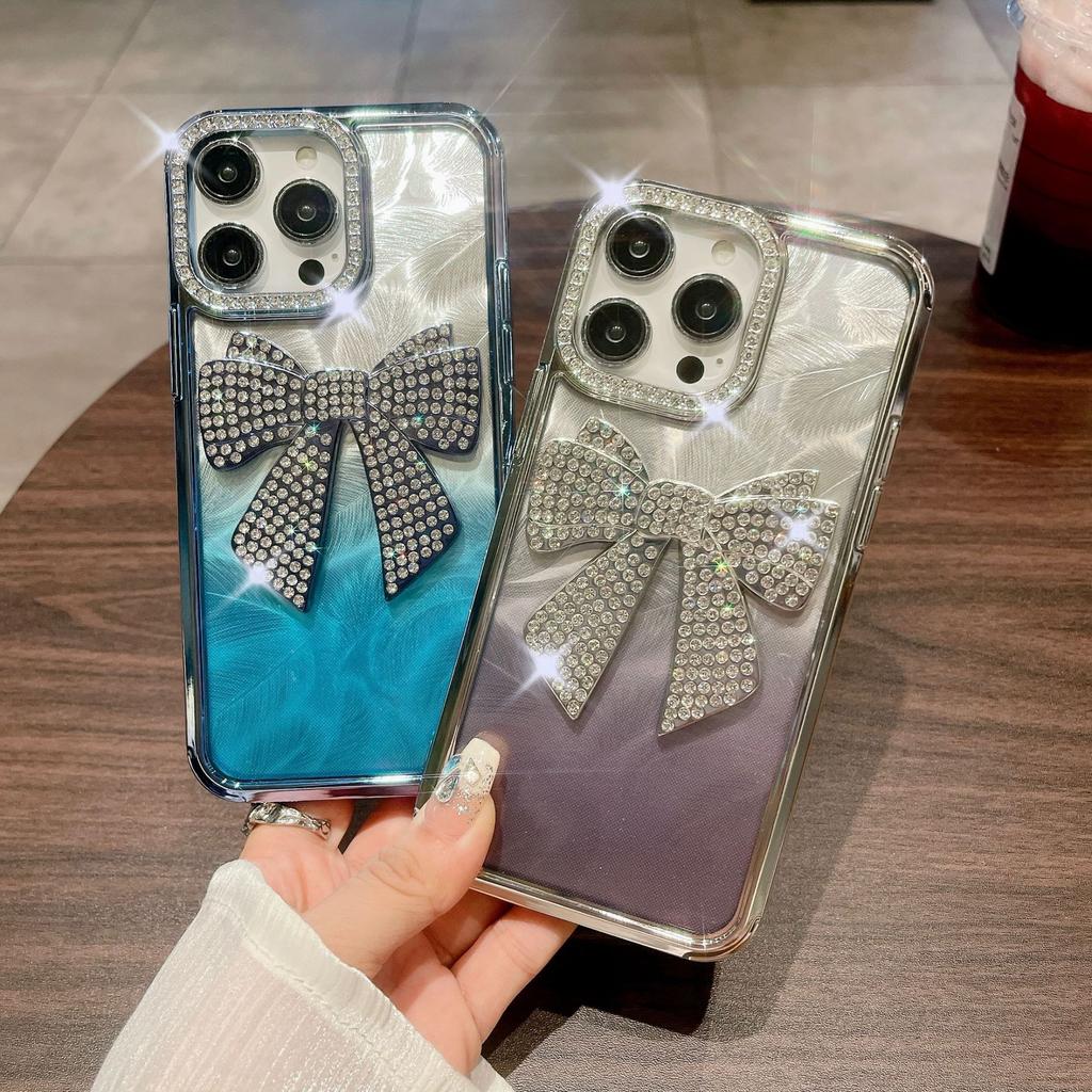 For IPhone 15 Electroplated Butterfly Crystal Diamond Phone Case for Apple 14 Gradient Feather 13 Luxury Protective Case for Women