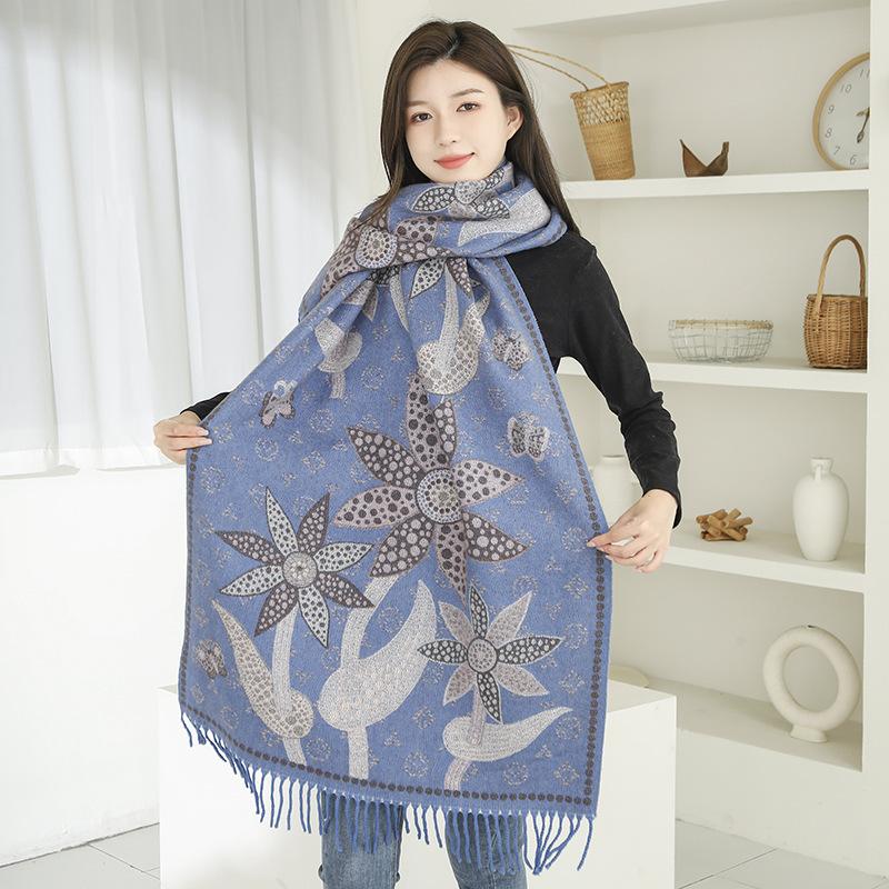 Jacquard Scarf Shawl with Decorative Imitation Cashmere Scarf for Women Winter High End New Style Thickened Ethnic Style Shawl