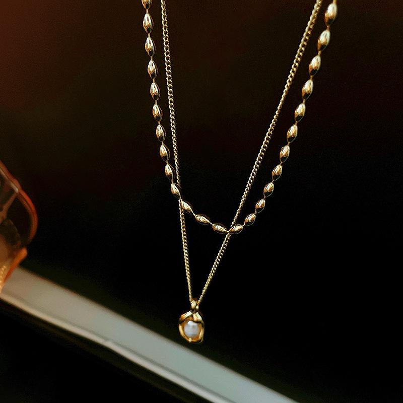 2-Piece French Vintage Folded Pearl Water Drop Double Necklace Elegant ins Versatile Necklace