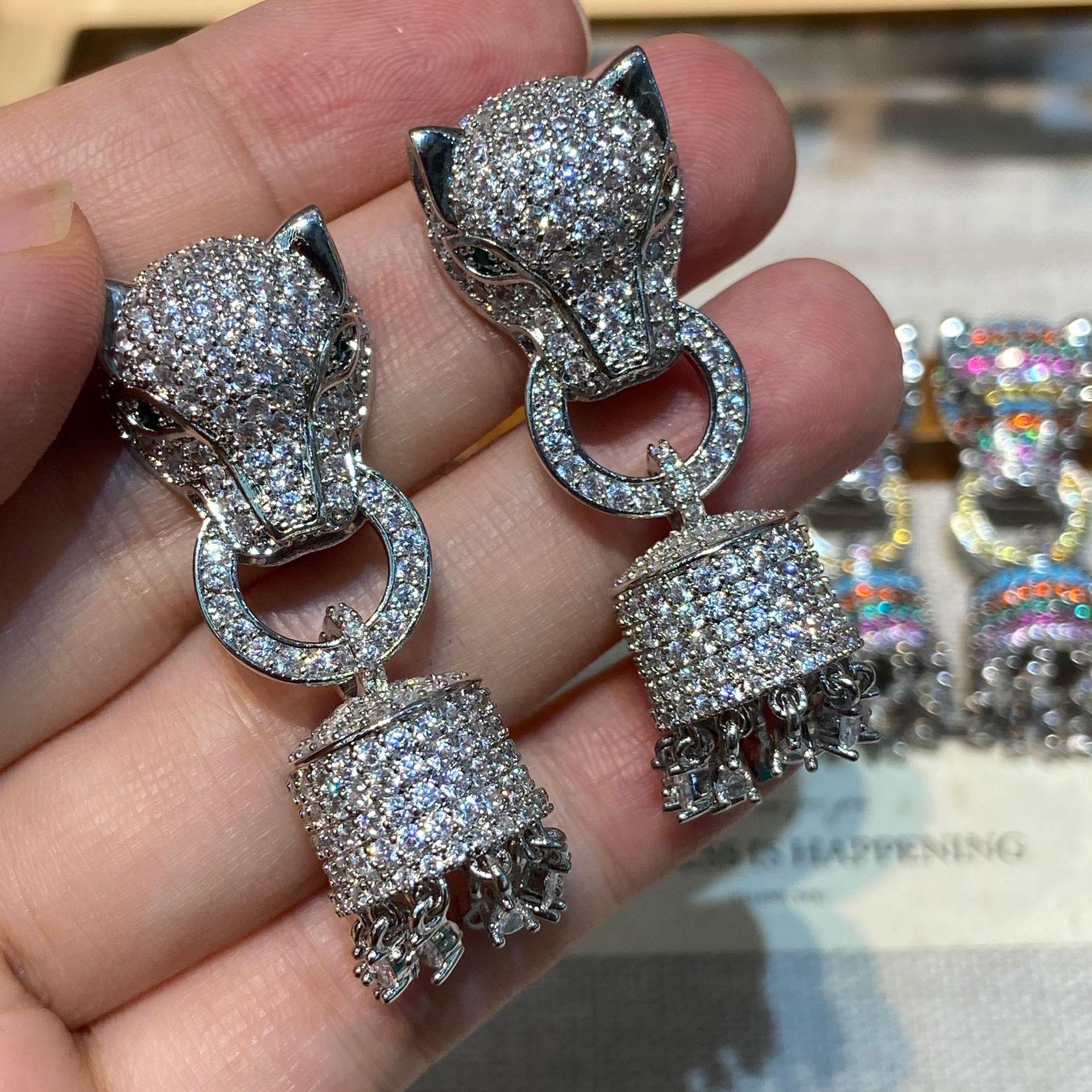 Fashion Personality Creative Earrings Cute Little Animal Micro-Inlaid Colored Zircon Earrings Needle Leopard Pendant Earrings