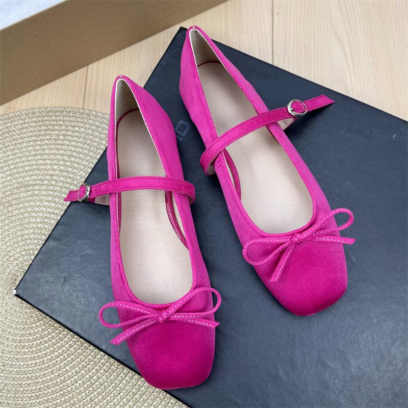 Fashion Flat Shoes for Women Suede Square Toe 2025 Spring and Autumn New Bow Flat Bottom Mary Jane Shoes Plus Size Women's Shoes 43 44