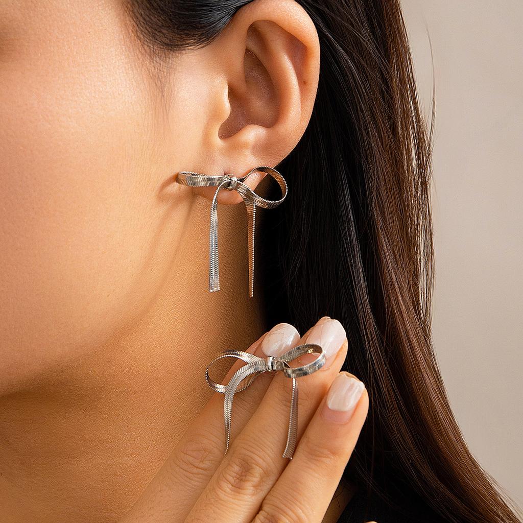 Accessories Bowearring Bow Stud Earrings, Metal Ribbon Knotted Snake Bone Chain Earrings Women