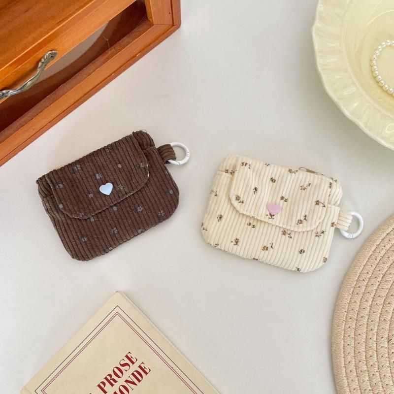Cute Corduroy Coin Purse Fashion Floral Print Heart Snap Button Mini Wallet for Student School Carry Change Jewelry Storage