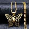 Aesthetic Butterfly Rose Flower Pendant Necklace Stainless Steel Gold Color Hollow Flying Wing Chain Jewelry Colgantes N6121S01