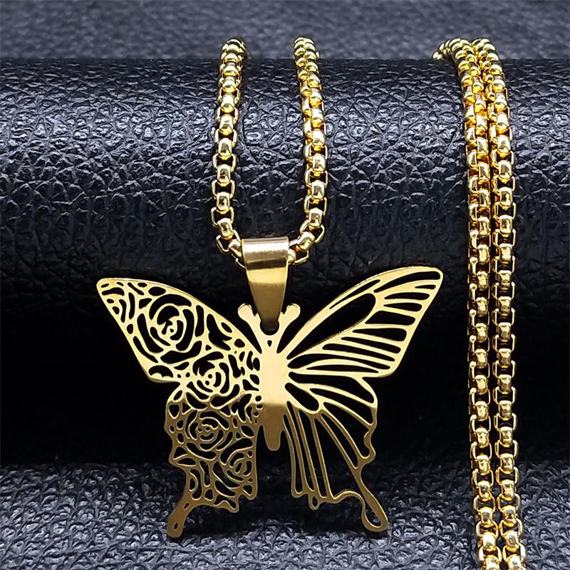 Aesthetic Butterfly Rose Flower Pendant Necklace Stainless Steel Gold Color Hollow Flying Wing Chain Jewelry Colgantes N6121S01