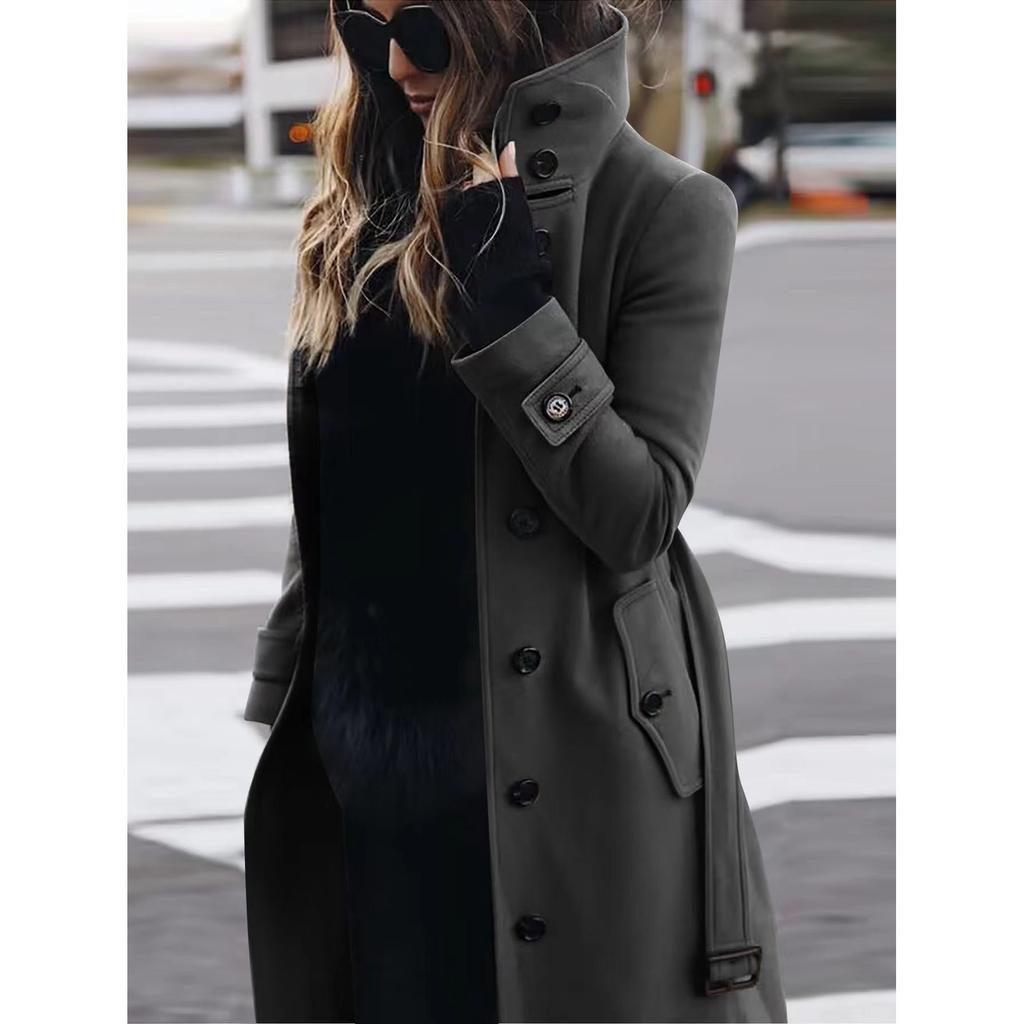 Autumn Winter Slim Fit Cardigan Women's Single Breasted Stand Collar Woolen  Long Sleeve Coat Plus Size